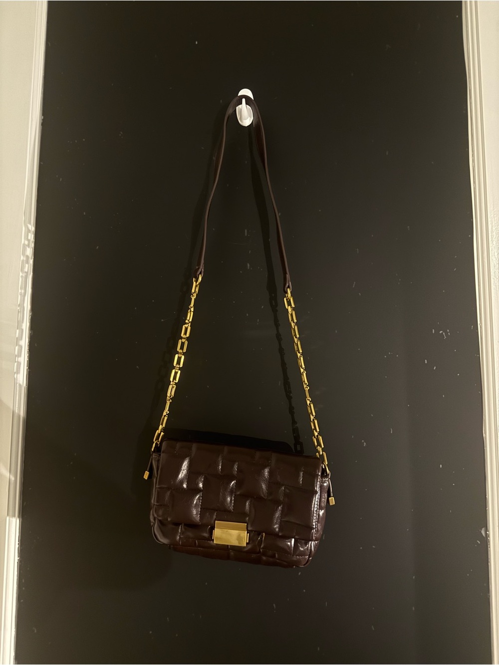 Zara Chocolate Brown Faux Leather Shoulder Bag with Gold Chain